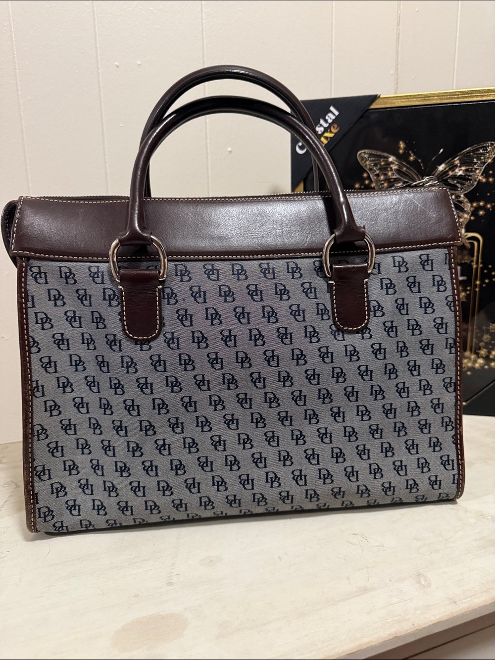 Dooney & Bourke Brown Leather Patterned Dual-Pocket Satchel with Top Handles - Picture 2 of 12